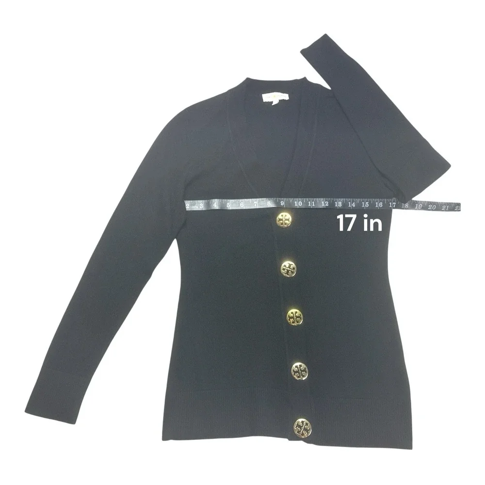 Tory Burch Simone Black Merino Wool Cardigan Sweater Gold Logo Buttons M